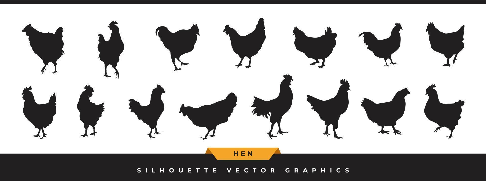 colección de vectores de silueta de gallina. gran conjunto de iconos de silueta de pollo. la imagen prediseñada de gallo o gallina está en diferentes poses aisladas en fondo blanco.