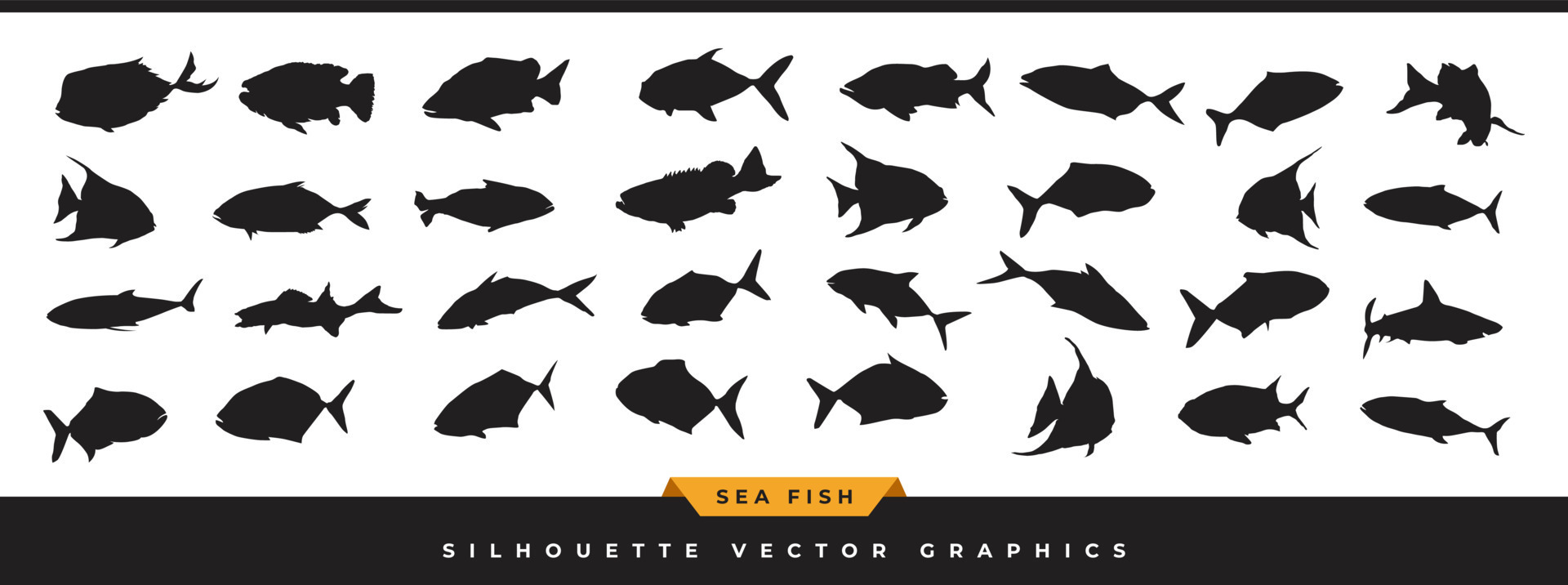 Sea fish silhouette. Collection of ocean fish silhouette. Hand-drawn