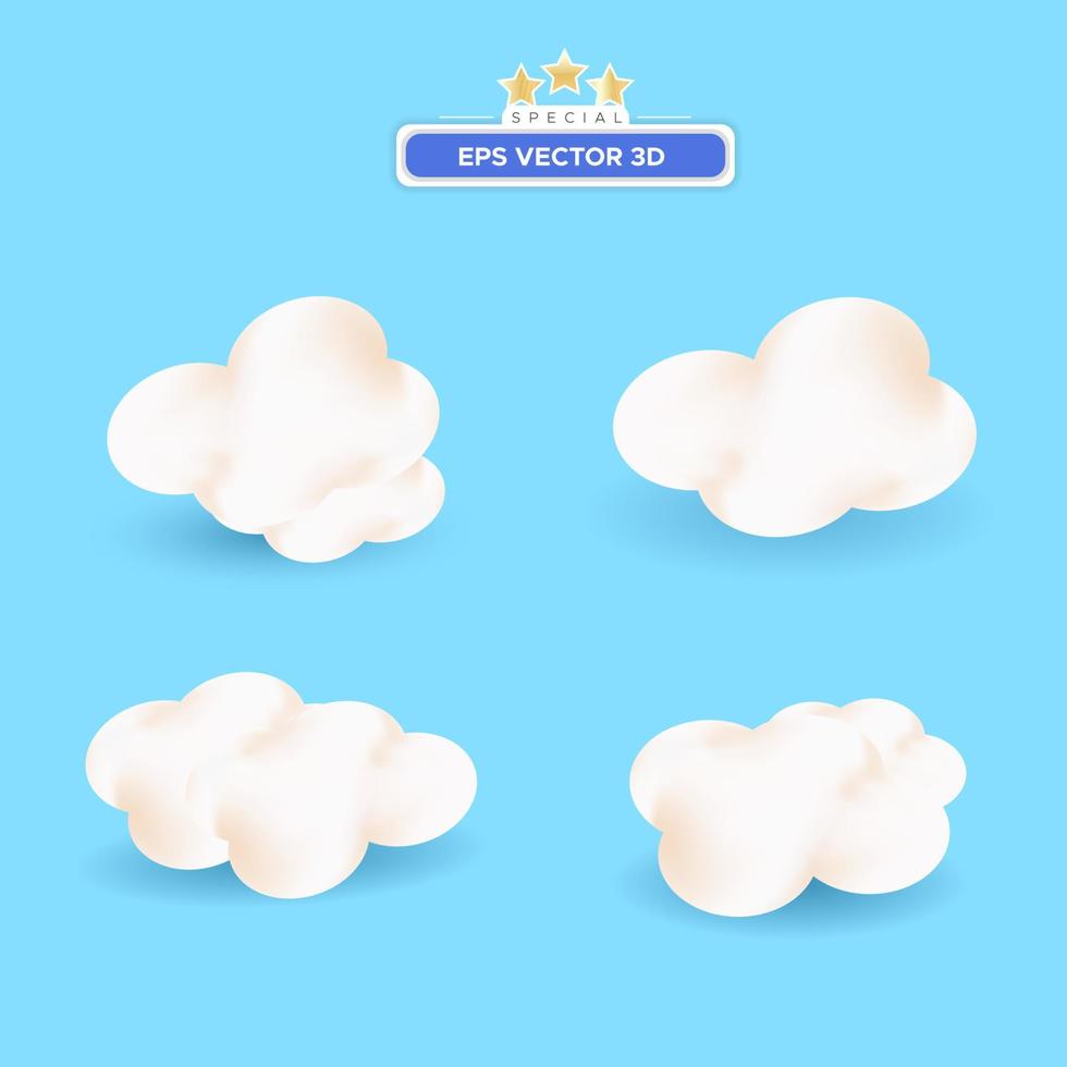 White 3d clouds are set isolated on a blue background. Render soft  cartoon fluffy clouds icon in the blue sky. 3d geometric shapes vector illustration