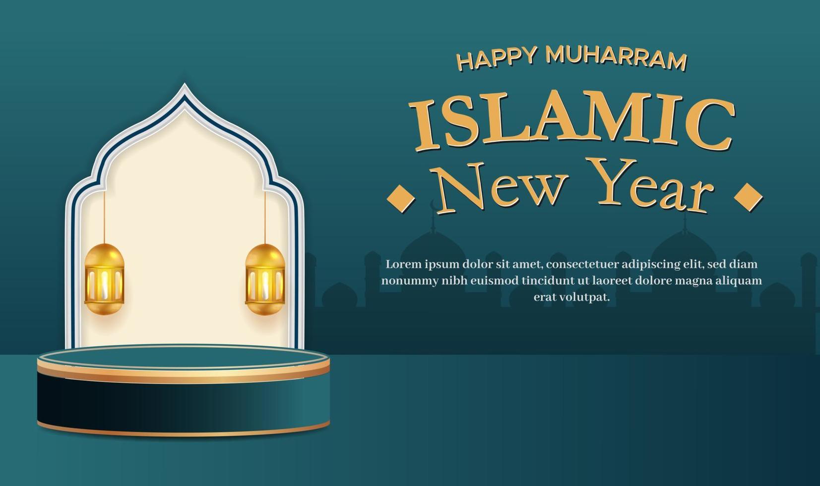 Banner happy muharram islamic new year with podium vector