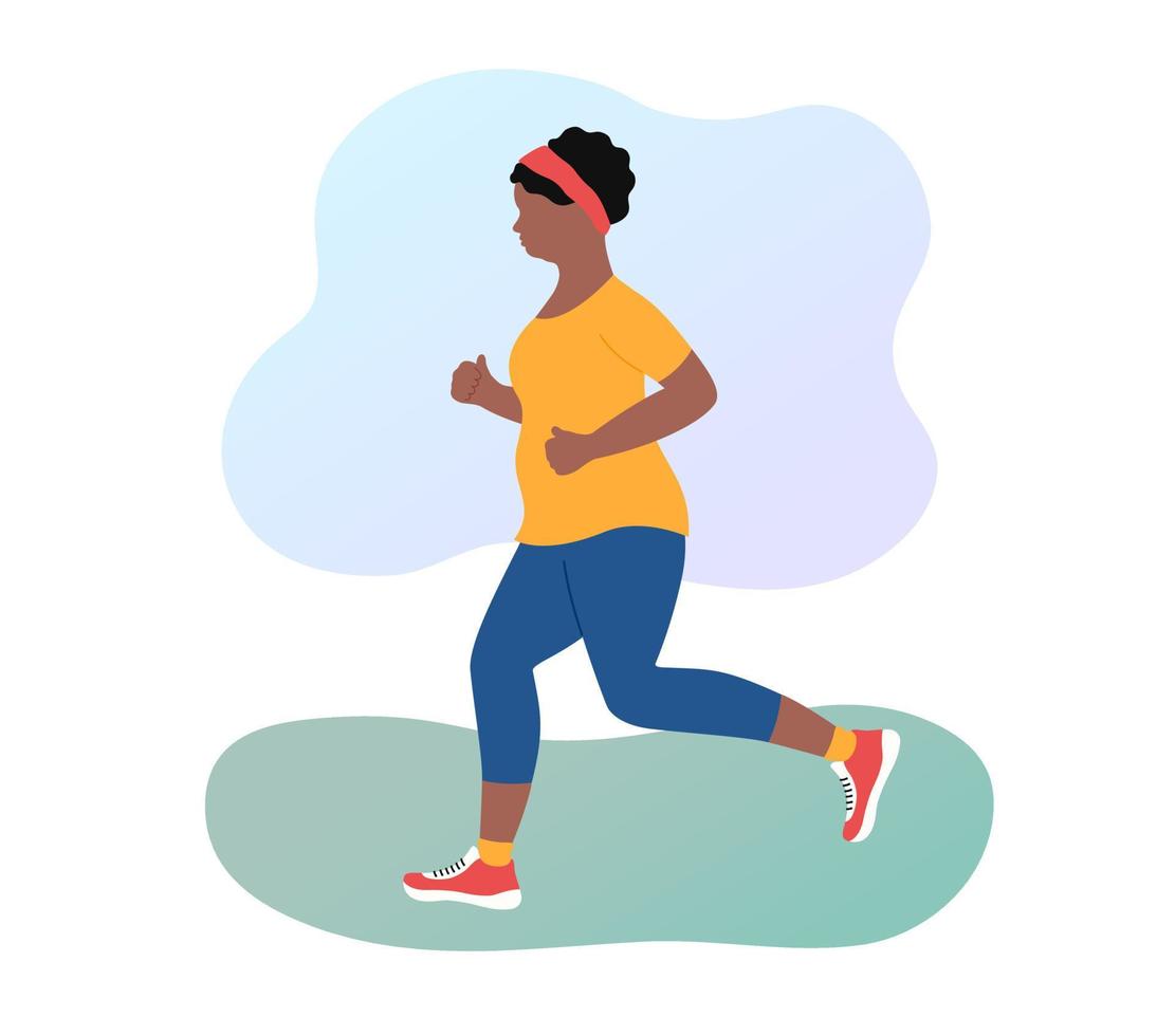 mujer trotando perdiendo peso al aire libre. chica afroamericana regordeta corriendo en ropa deportiva. exceso de peso. correr por la mañana en el parque. ilustración vectorial plana vector