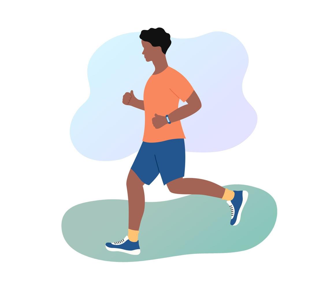 Running african american man outdoors. Young athletic man jogging in sportswear with fitness bracelet. Healthy lifestyle and sport concept. Morning jog in park. Flat vector illustration