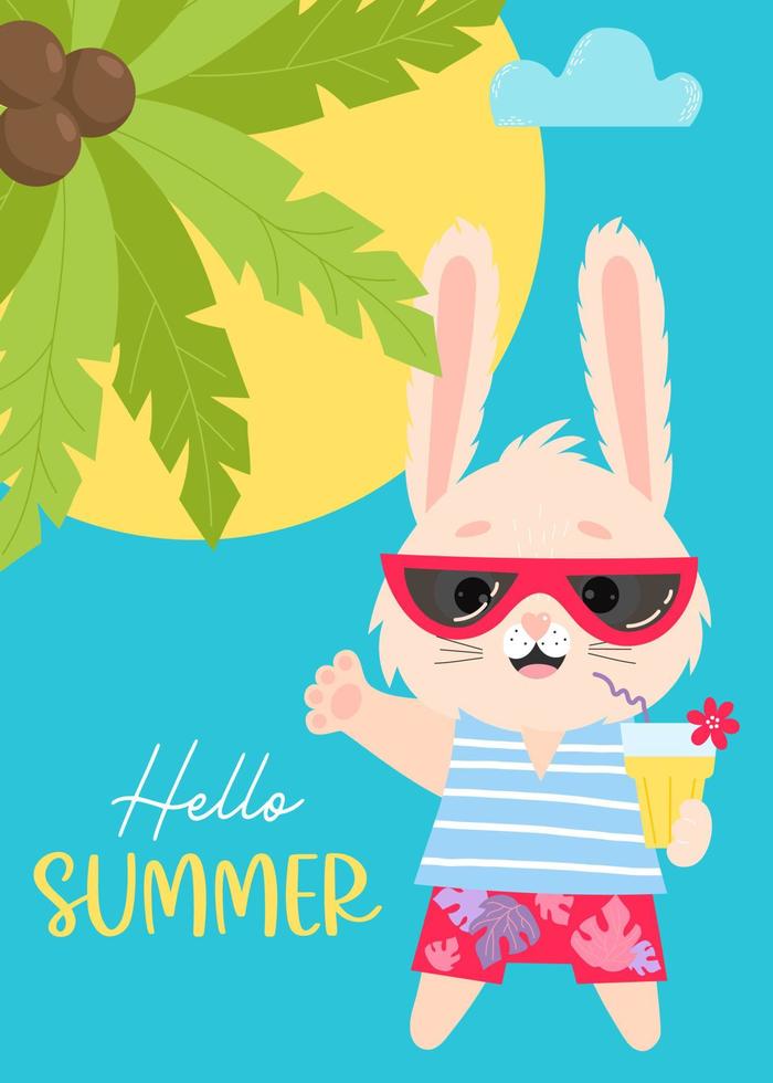 Tropical summer time poster with cute hare in sunglasses with cocktail on sea with palm trees. Vector illustration. Summer card with rabbit character - Hello Summer for flyers, postcards