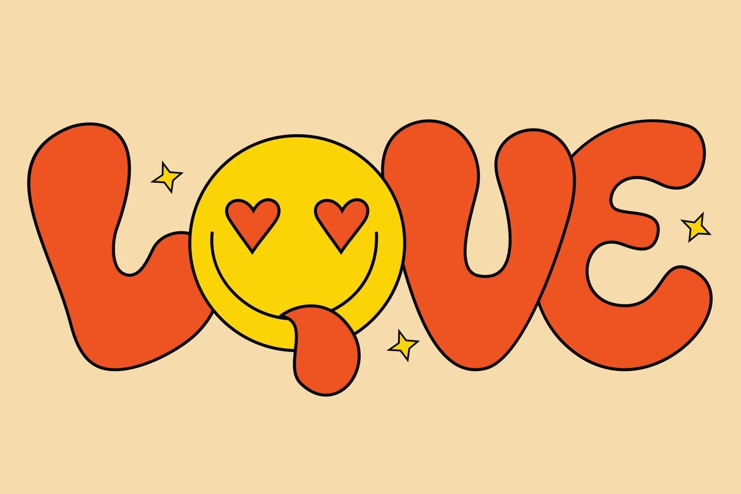 Cute lettering Love in groovy style. Positive Retro Hand written with in love playful face. 60s, 70s, 80s, 90s vibes lettering. Vector illustration for decor, print, card, posters, design and decor.