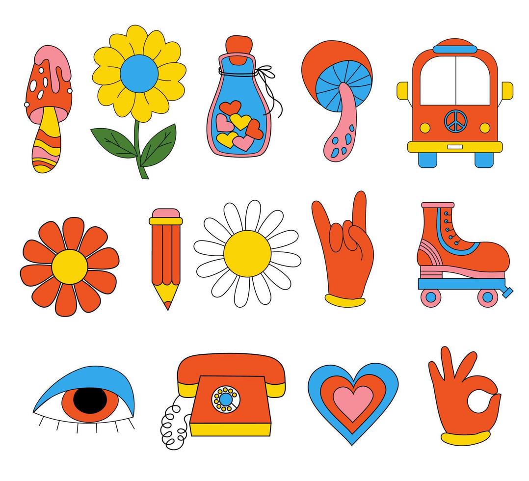 Cute funky hippy stickers. Retro set of 70s 80s style psychedelic groovy elements. Vector clipart vintage hippy style, cartoon funky mushroos and flower, roller-skates, bus, retro phone and band-aid.