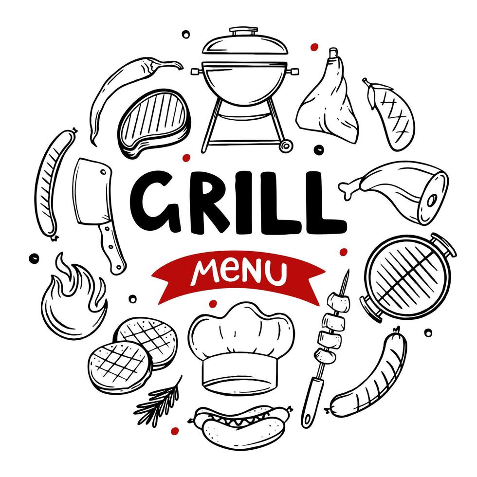 Grill menu hand drawn menu items of restaurant bar cafe Vector illustration of barbecue food doodles