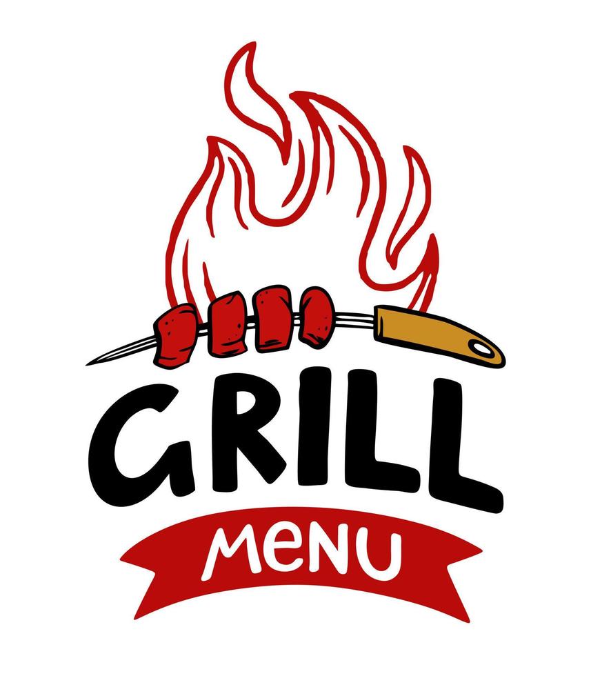 menú a la parrilla eslogan de inscripción dibujado a mano patio de comidas logotipo menú restaurante bar cafetería ilustración vectorial kebab de carne vector