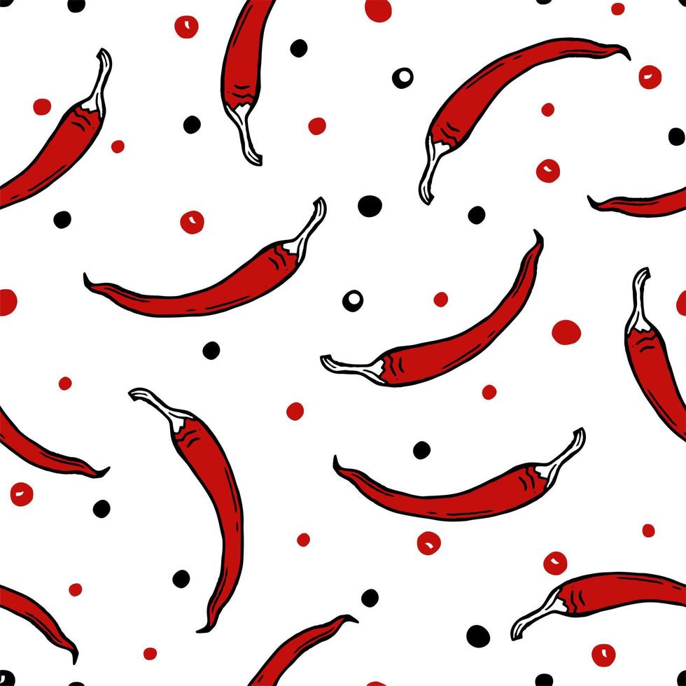 Chili pepper and black pepper pattern for restaurant bar cafe menu Vector illustration doodles