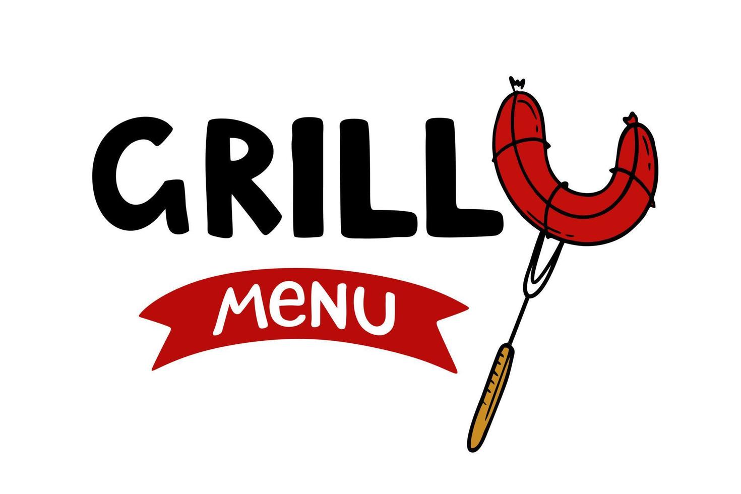 menú a la parrilla eslogan de inscripción dibujado a mano patio de comidas logotipo menú restaurante bar cafetería ilustración vectorial salchicha en un tenedor vector