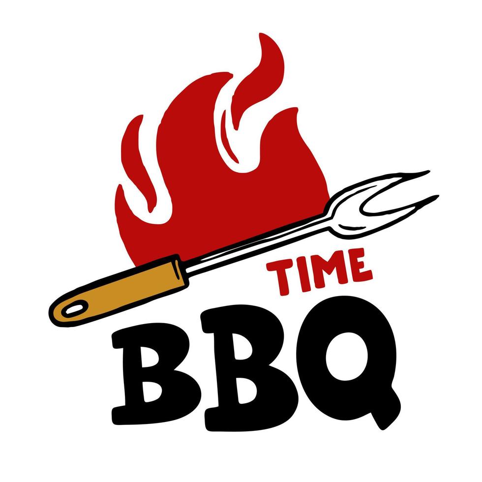 barbacoa tiempo inscripción dibujada a mano eslogan patio de comidas emblema menú restaurante bar cafetería ilustración vectorial de fuego y tenedor vector