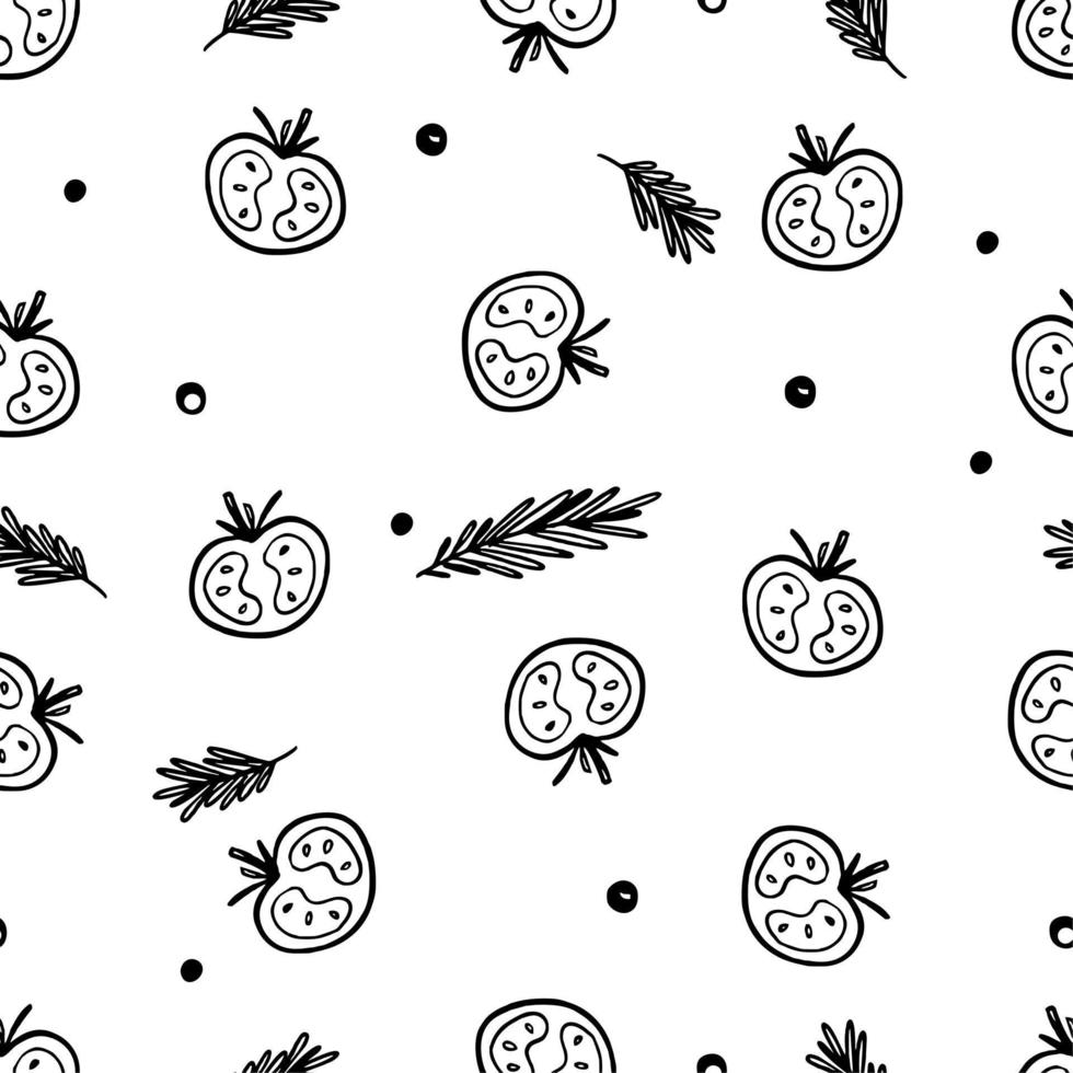 Tomato and rosemary pattern for restaurant bar cafe menu Vector illustration doodles