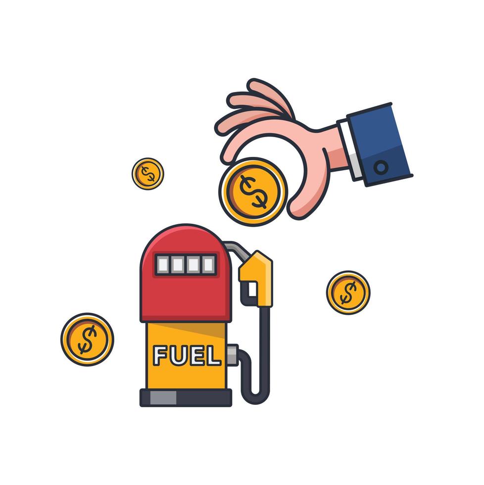icono delgado de color de colección de gasolinera y mano de moneda de dinero, ilustración de vector de concepto de negocio de energía.