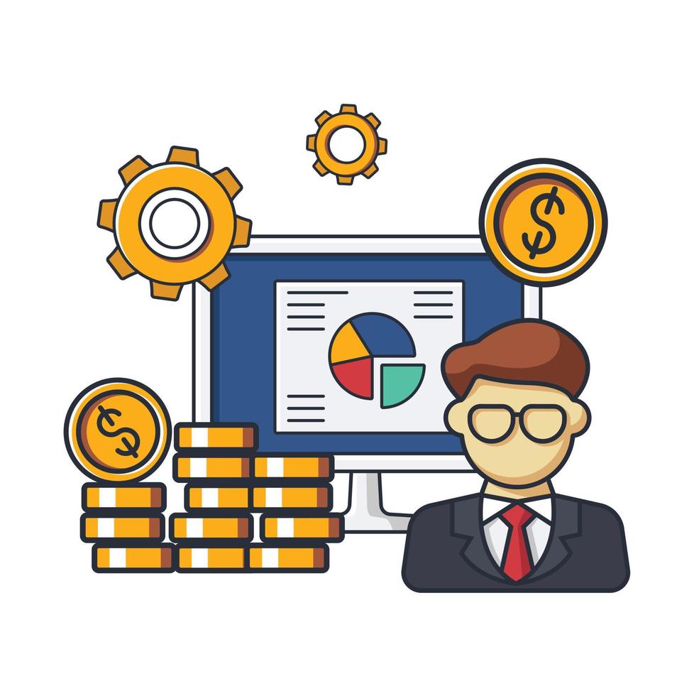 Collection colored thin icon of business man and graph presentation display, money coin, cog , business  and people concept vector illustration.