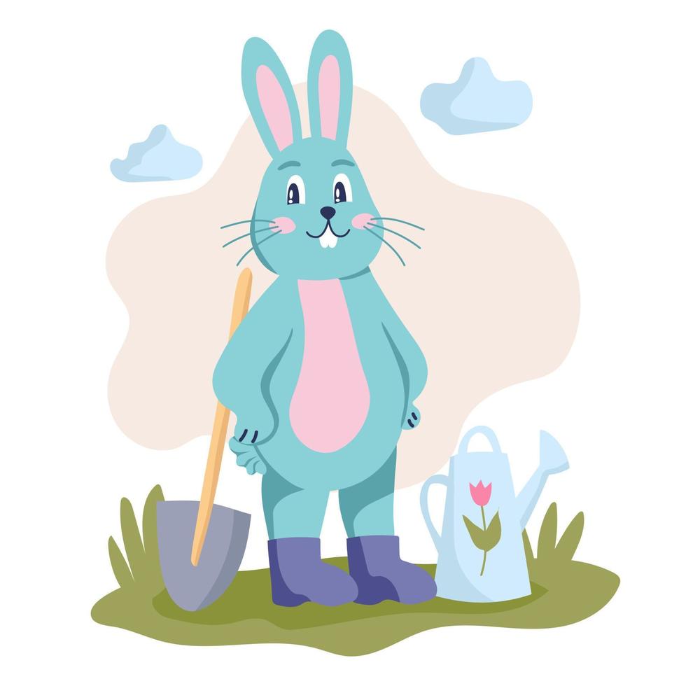 The character rabbit is engaged in spring work in the garden. Spring mood, rabbit with watering can and shovel, May. Flat vector illustration