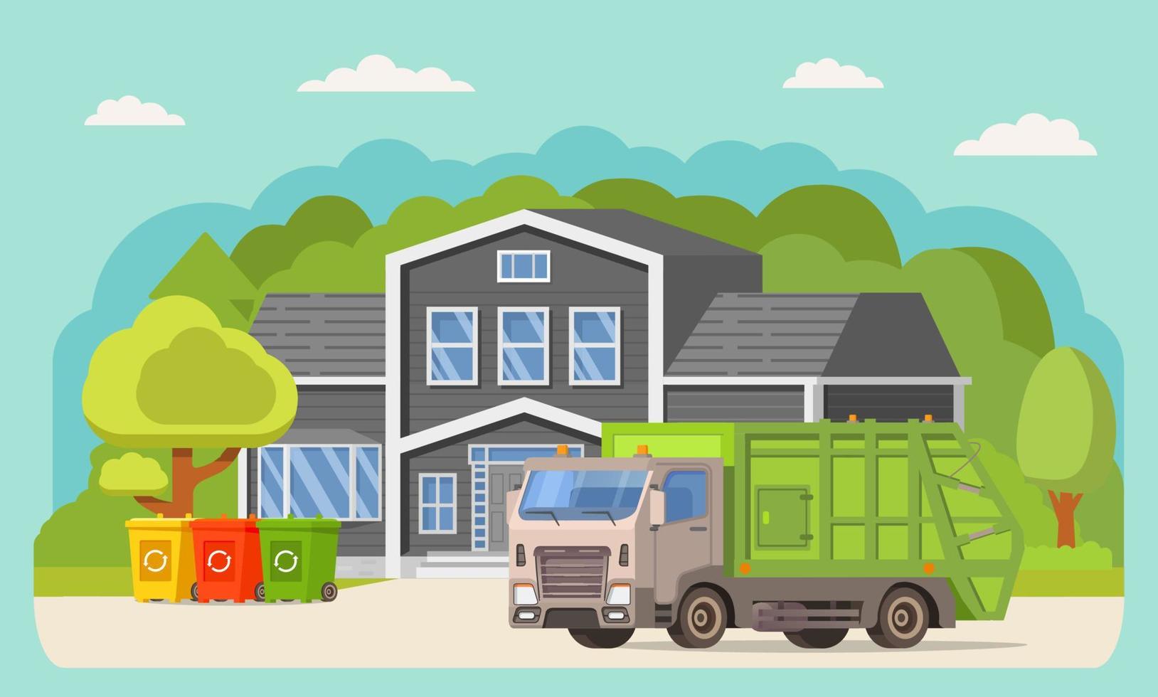 Garbage truck is green.Vector illustration.Townhouse building.Truck side and front view. Separate garbage collection. vector