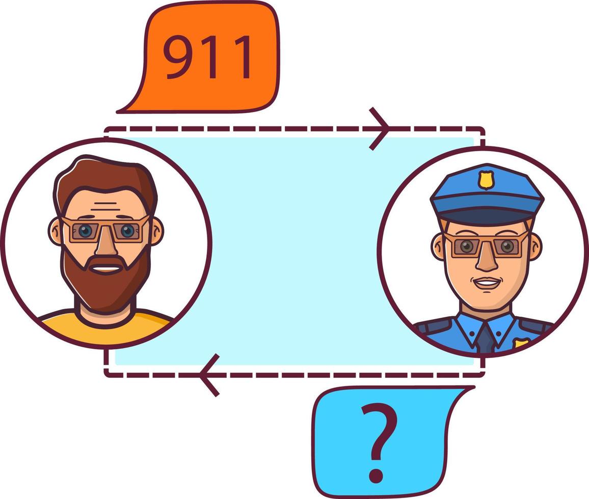 llamada de policía.llamar al 911, concepto de llamada de emergencia.conversación del oficial de policía con el hombre.llamada de voz entrante.concepto de diseño de la aplicación móvil. vector plano