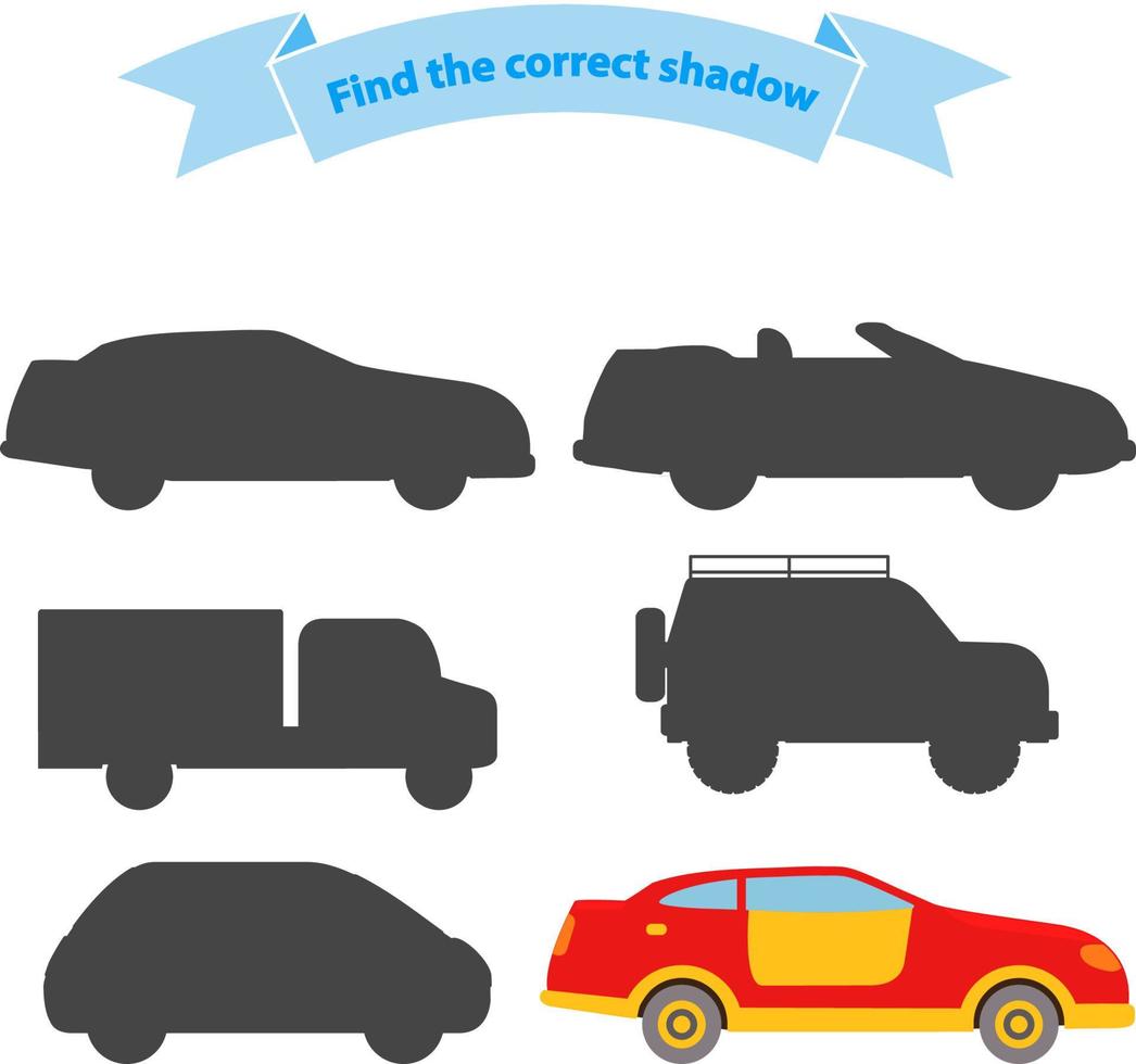 encuentre el transporte de sombra correcto. juego educativo para niños automóvil, camión, vehículo todoterreno, vehículo deportivo utilitario, automóvil deportivo. vector