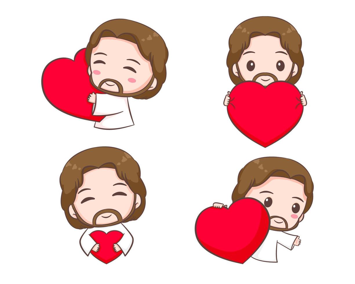 set colección de lindo jesús con corazón de amor. personaje de dibujos animados chibi vector