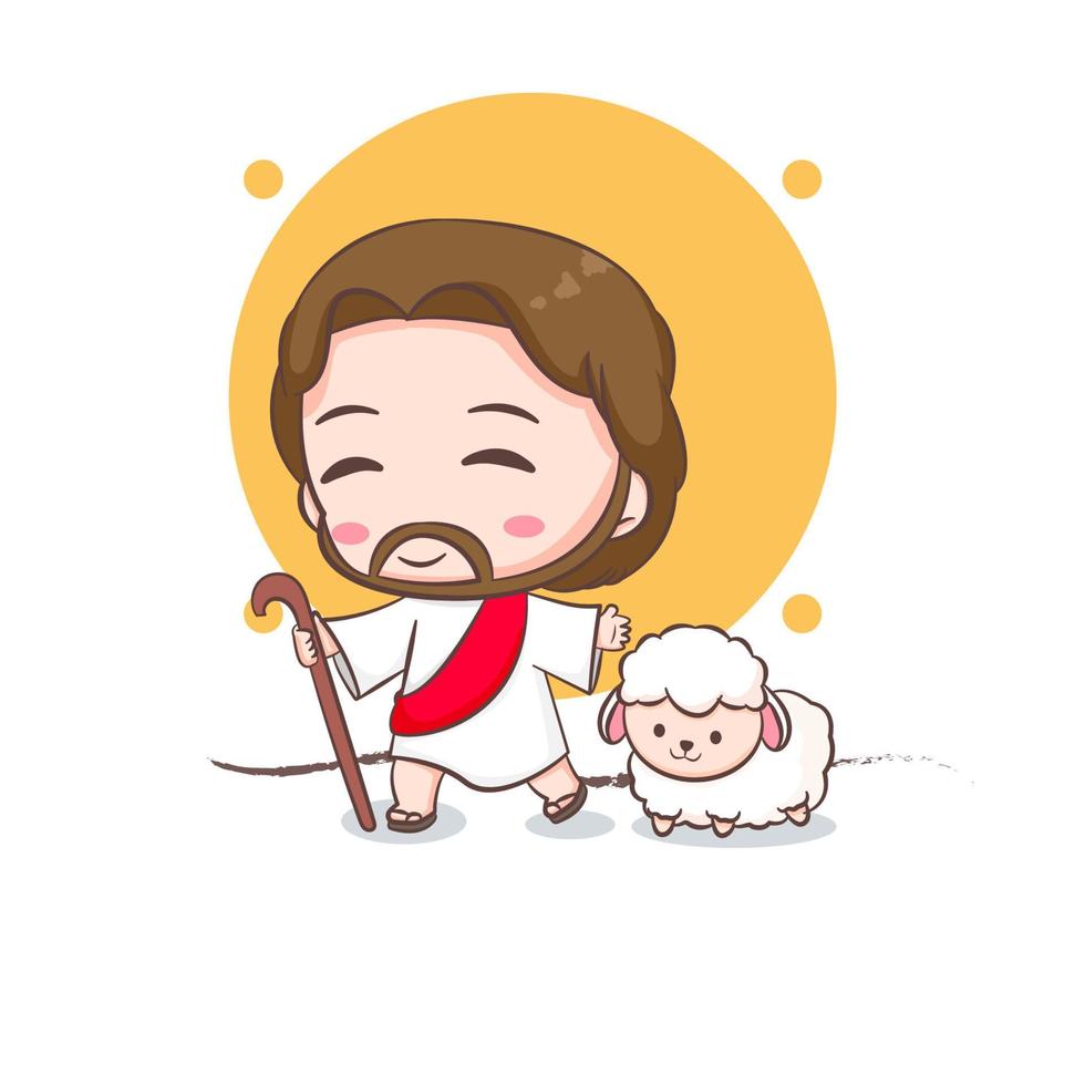 Cute Jesus and the sheep . Chibi cartoon character isolated white background. vector