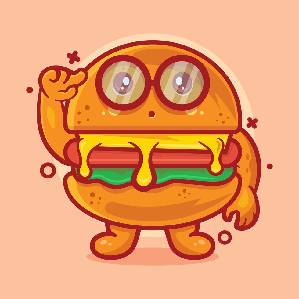 mascota de personaje de comida de hamburguesa genio con expresión de pensar dibujos animados aislados en diseño de estilo plano vector