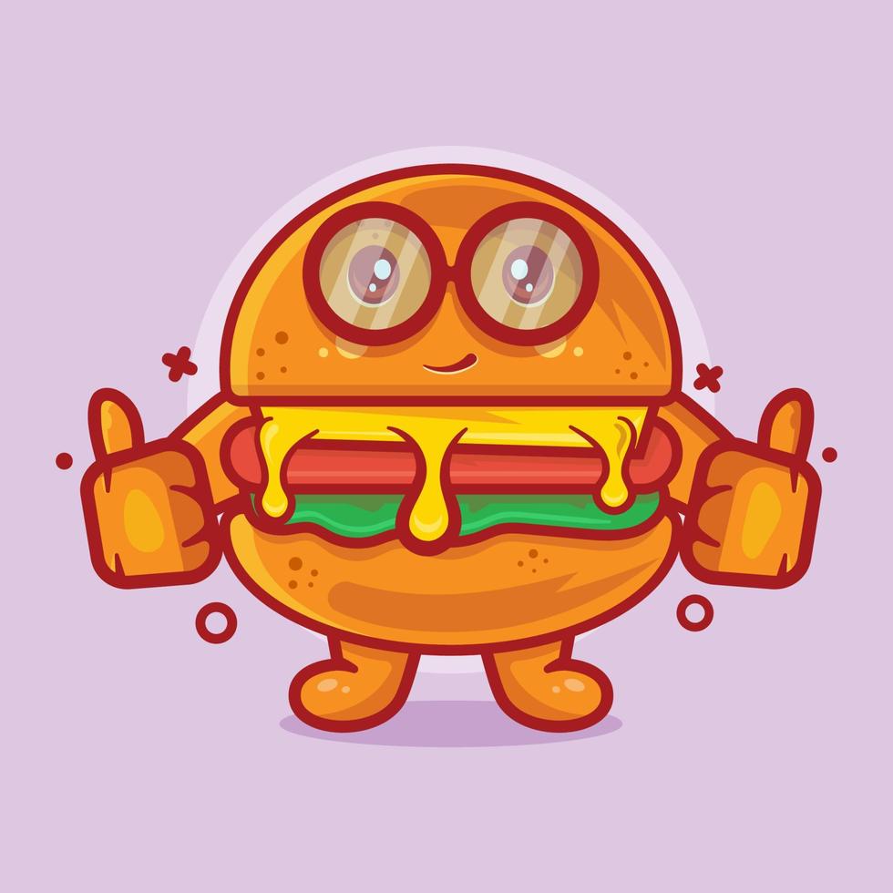 Linda mascota de personaje de comida de hamburguesa con pulgar arriba gesto de mano dibujos animados aislados en diseño de estilo plano vector