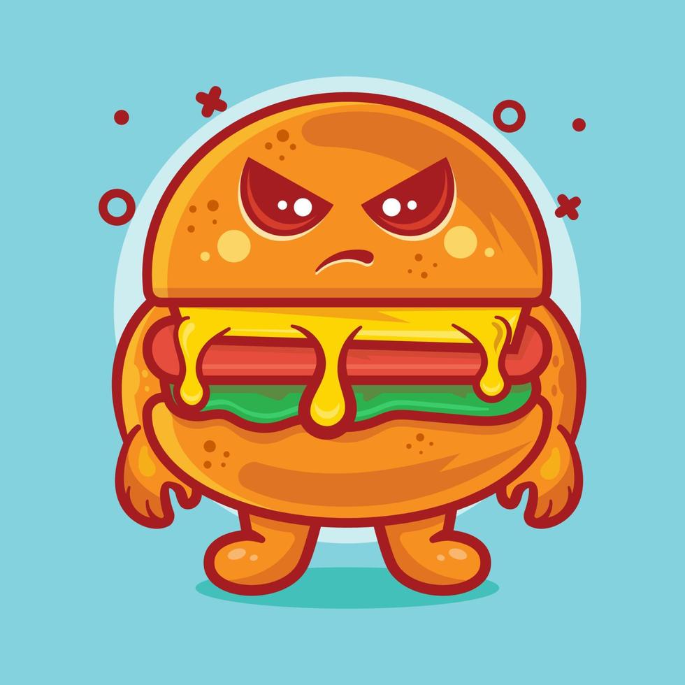 mascota de carácter de comida de hamburguesa seria con expresión enojada dibujos animados aislados en diseño de estilo plano vector
