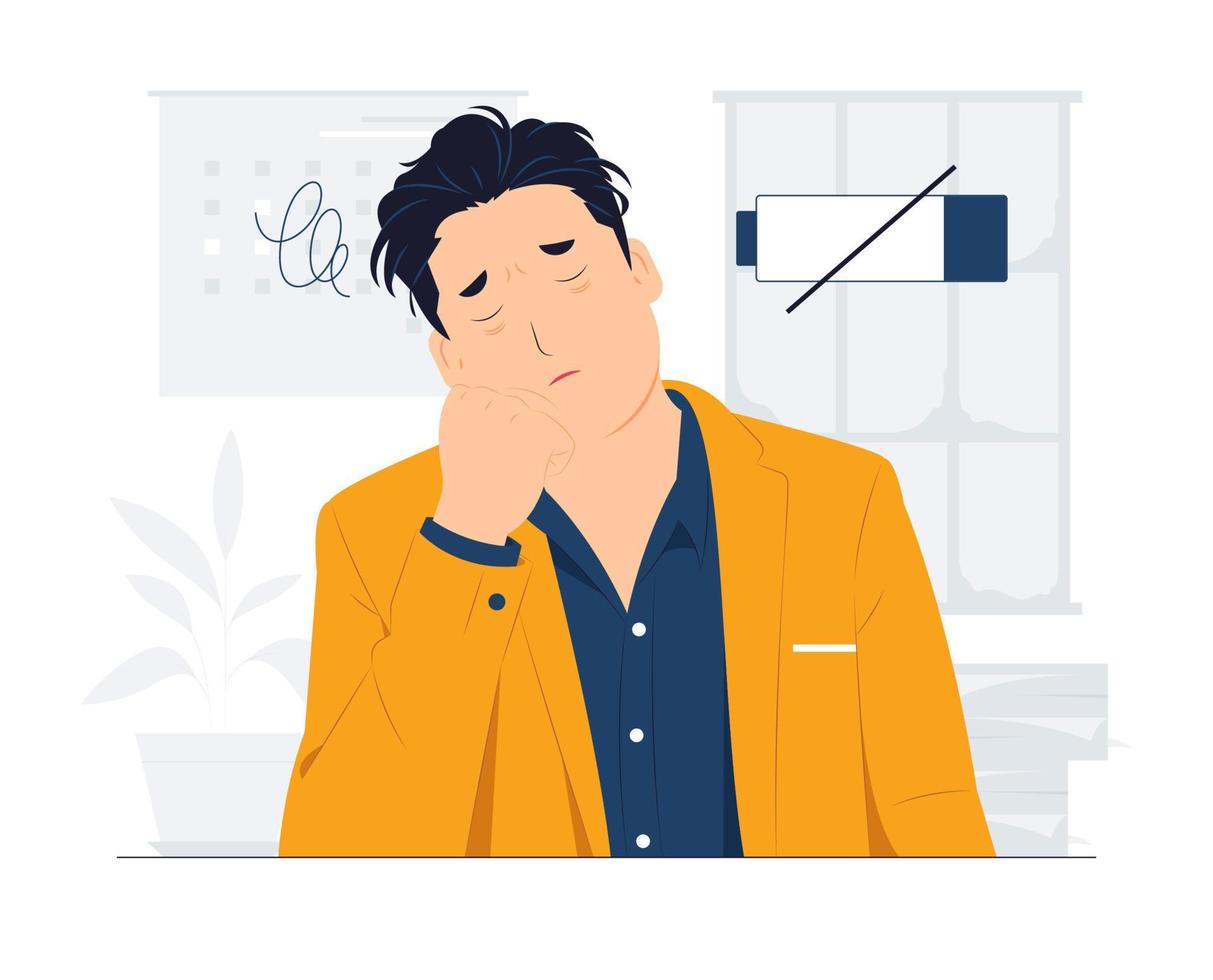 Frustrated, tired businessman after work, touching his head, feeling absolutely stress and exhausted because of overwork, Deadline, Tiredness concept illustration vector