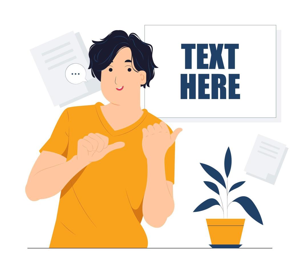 Showing and pointing fingers upper left and right corner with happy expression advices use this copy space wisely concept illustration vector