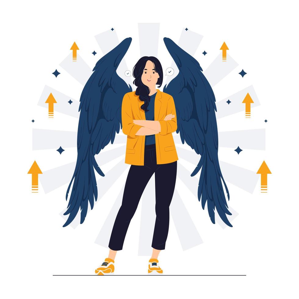 Confident cool business woman feeling satisfied, glad, stand with folded arms, standing with angel wings and high self esteem with proud smile concept illustration vector