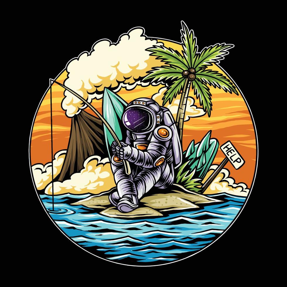 astronauta pescando en la isla de verano vector