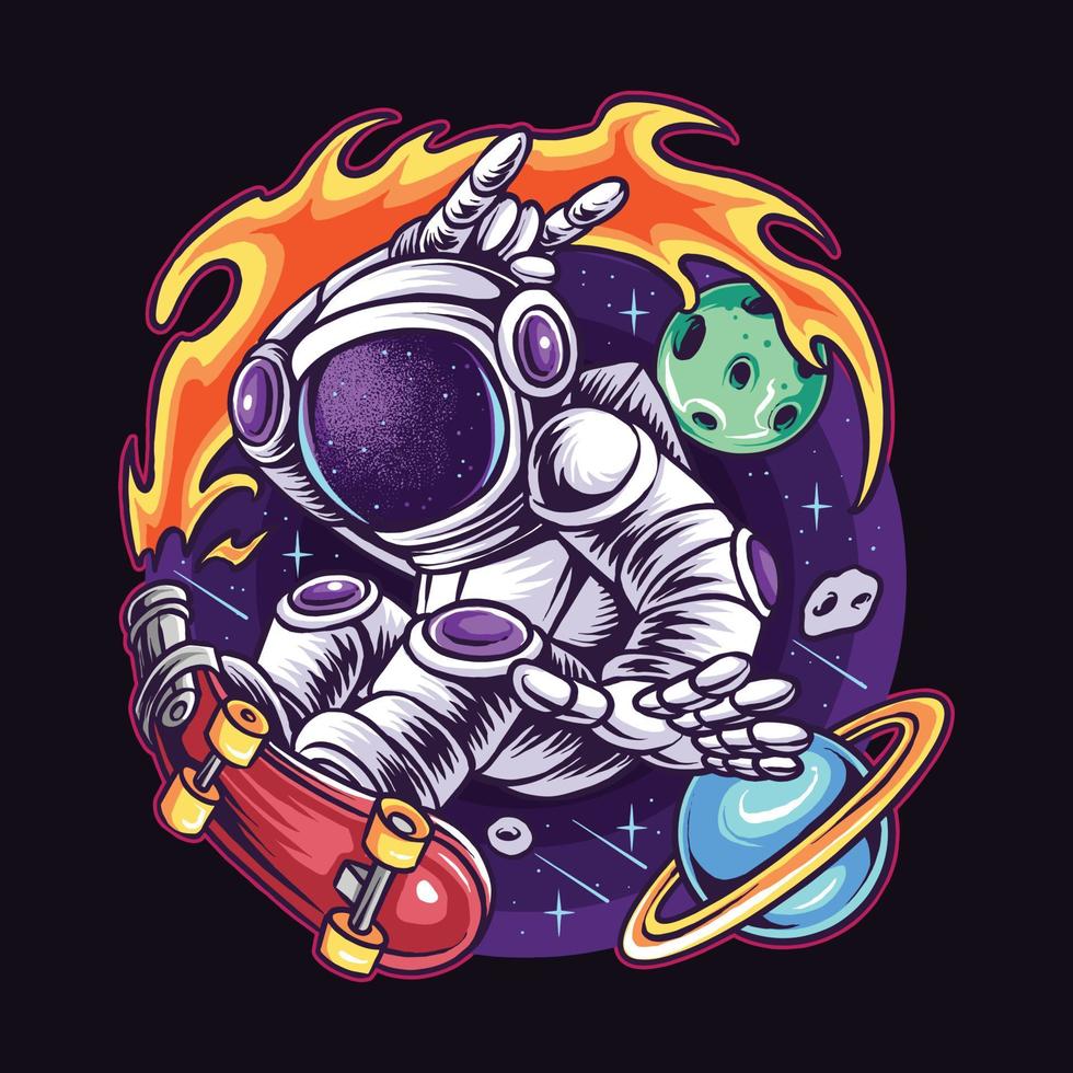 Astronaut Skateboarding In Space Between Planets and Stars vector