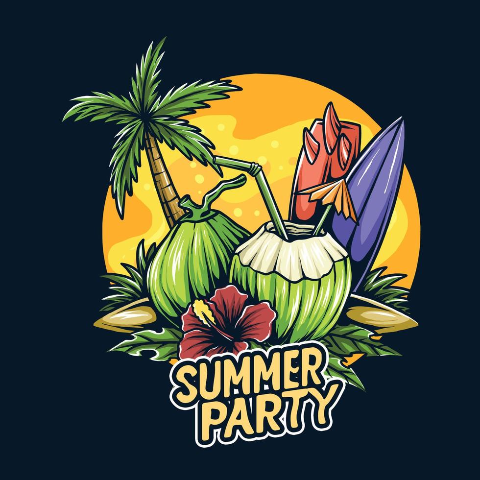 fiesta de verano tierra de surf con cocos vector