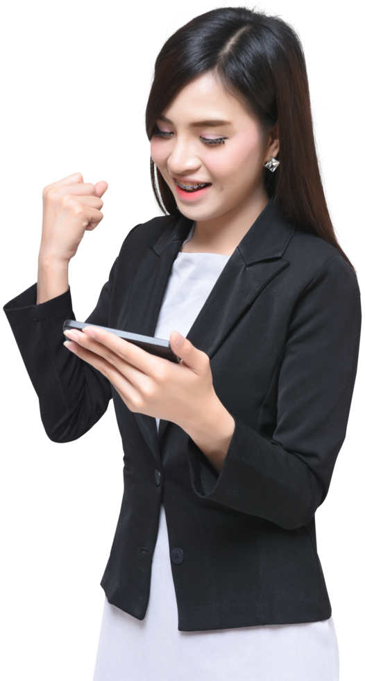 Asian businesswoman success hand from meet target show in smartphone in business suit uniform png