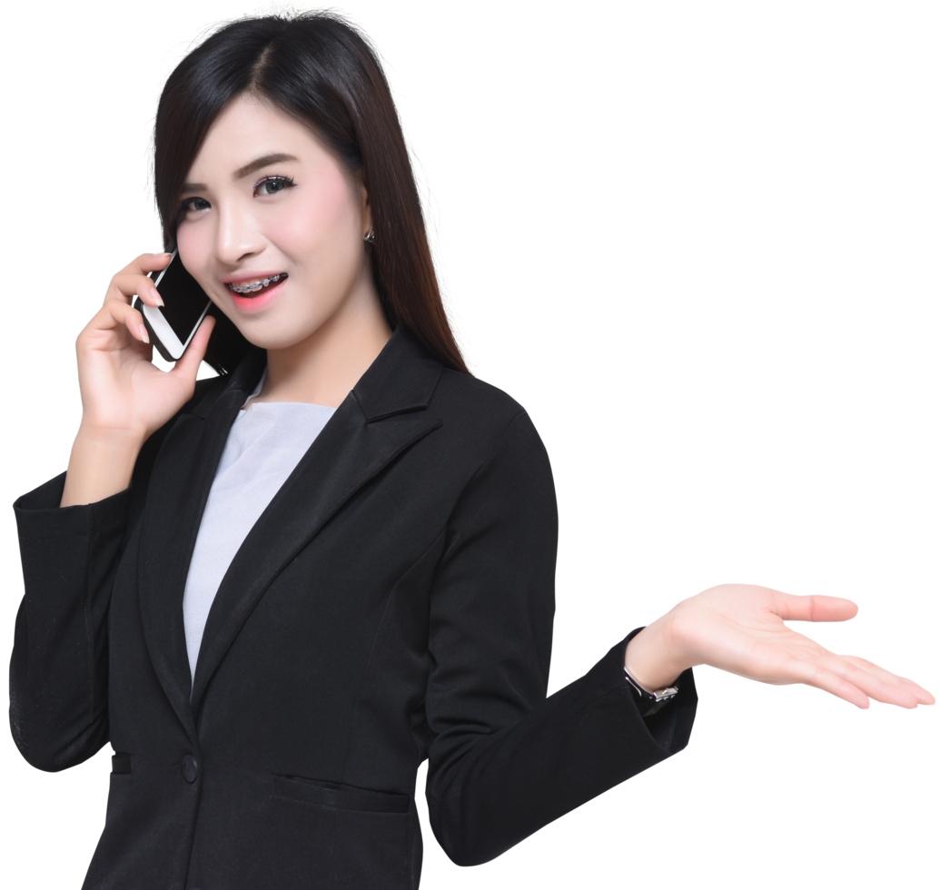 Asian businesswoman calling smartphone and present hand copy space in business suit uniform png