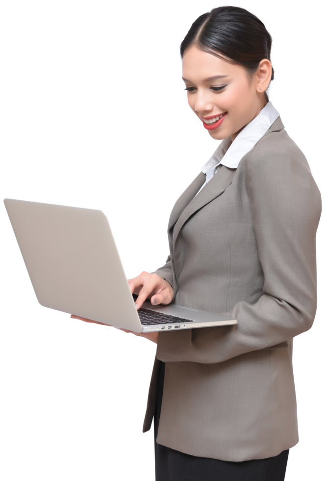 Asian businesswoman with laptop in business suit uniform png