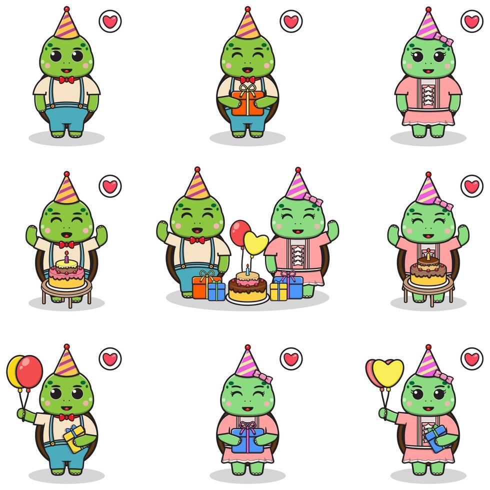 Vector of Cute Turtle in Birthday Party. Set of cute little Turtle characters. Collection of funny Turtle isolated on a white background.