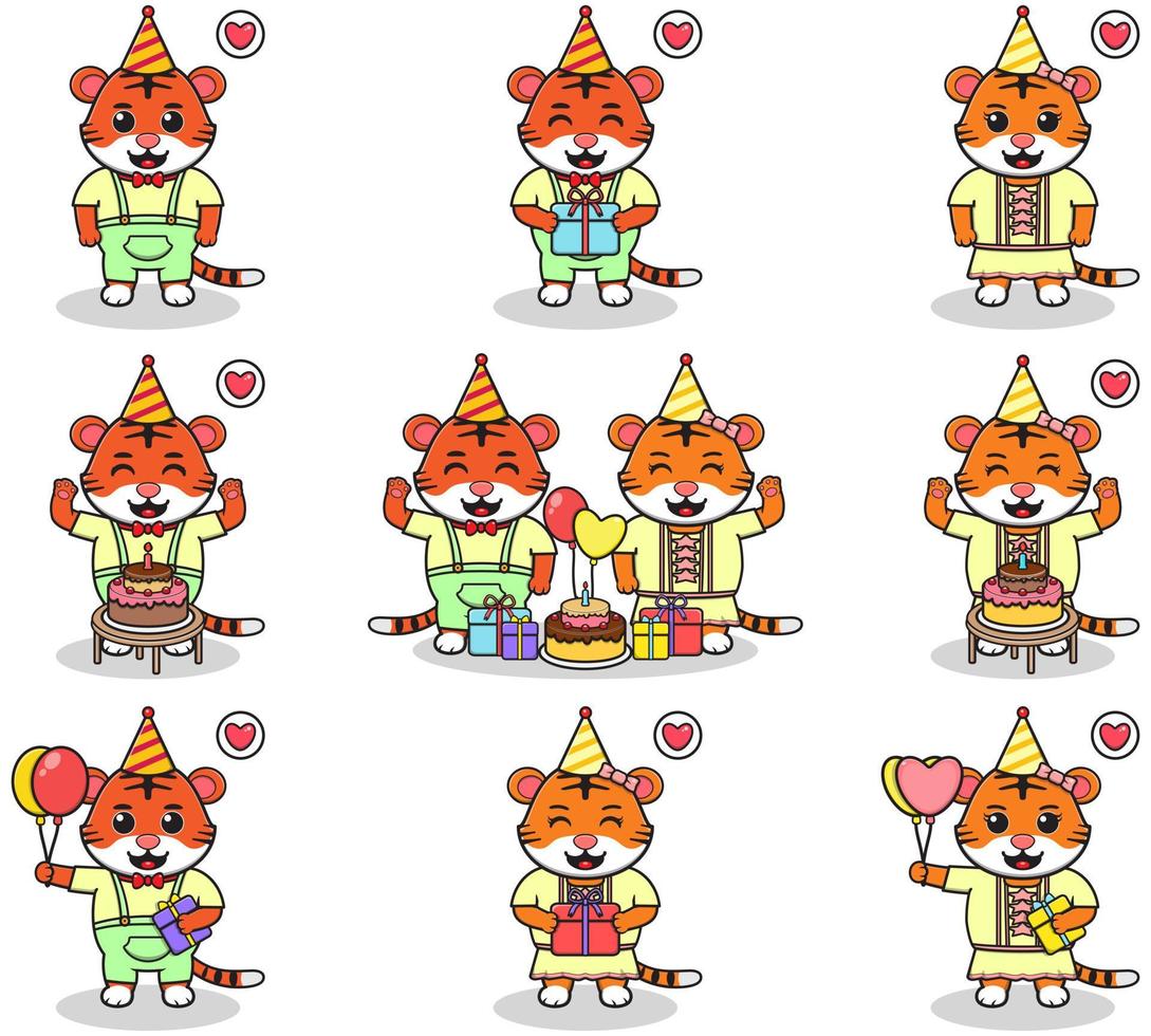 Vector of Cute Tiger in Birthday Party. Set of cute little Tiger characters. Collection of funny Tiger isolated on a white background.