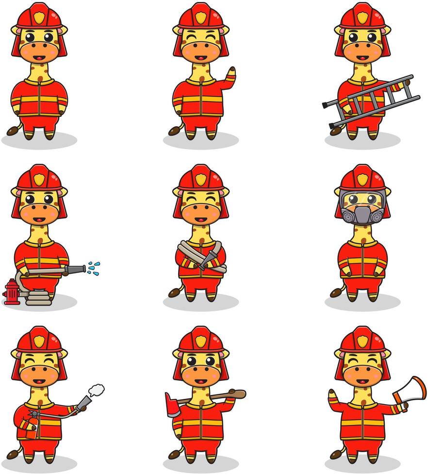 ilustración vectorial de dibujos animados de jirafa con traje de bombero. conjunto de lindos personajes de jirafa. colección de jirafa divertida aislada en un fondo blanco. vector