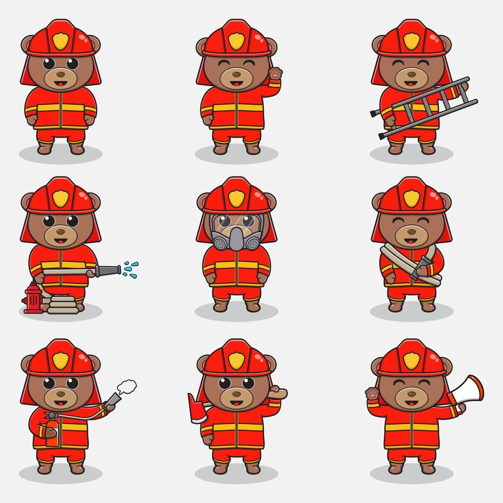 ilustración vectorial de dibujos animados de osos con traje de bombero. conjunto de lindos personajes de osos. colección de oso divertido aislado sobre un fondo blanco. vector