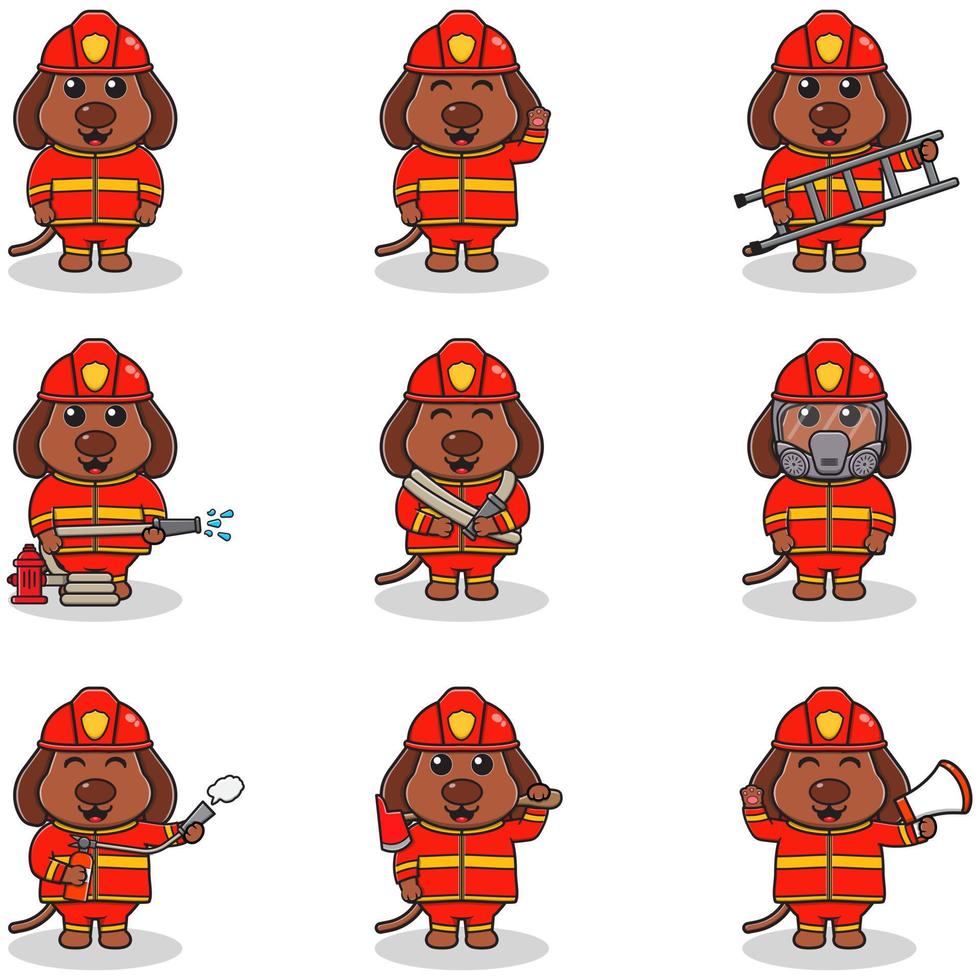 ilustración vectorial de dibujos animados de perros con traje de bombero. conjunto de lindos personajes de perros. colección de perros divertidos aislados en un fondo blanco. vector