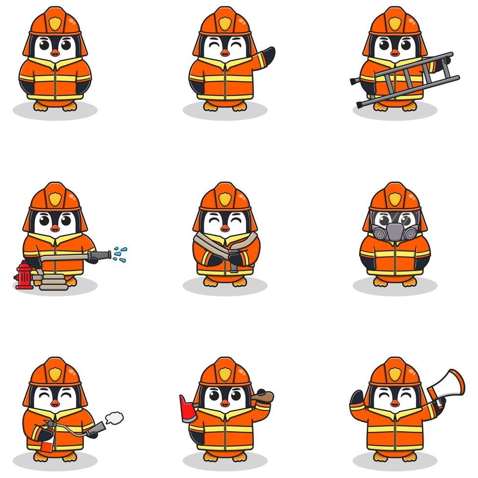 Vector Illustration of Penguin cartoon with Firefighter costume. Set of cute Penguin characters. Collection of funny Penguin isolated on a white background.