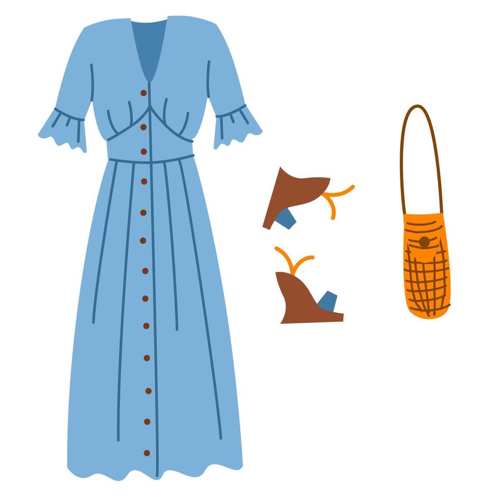 A set of boho outfits and various boho elements. Fashionable clothes, bag, dress, shoes. Vector illustration in a flat style