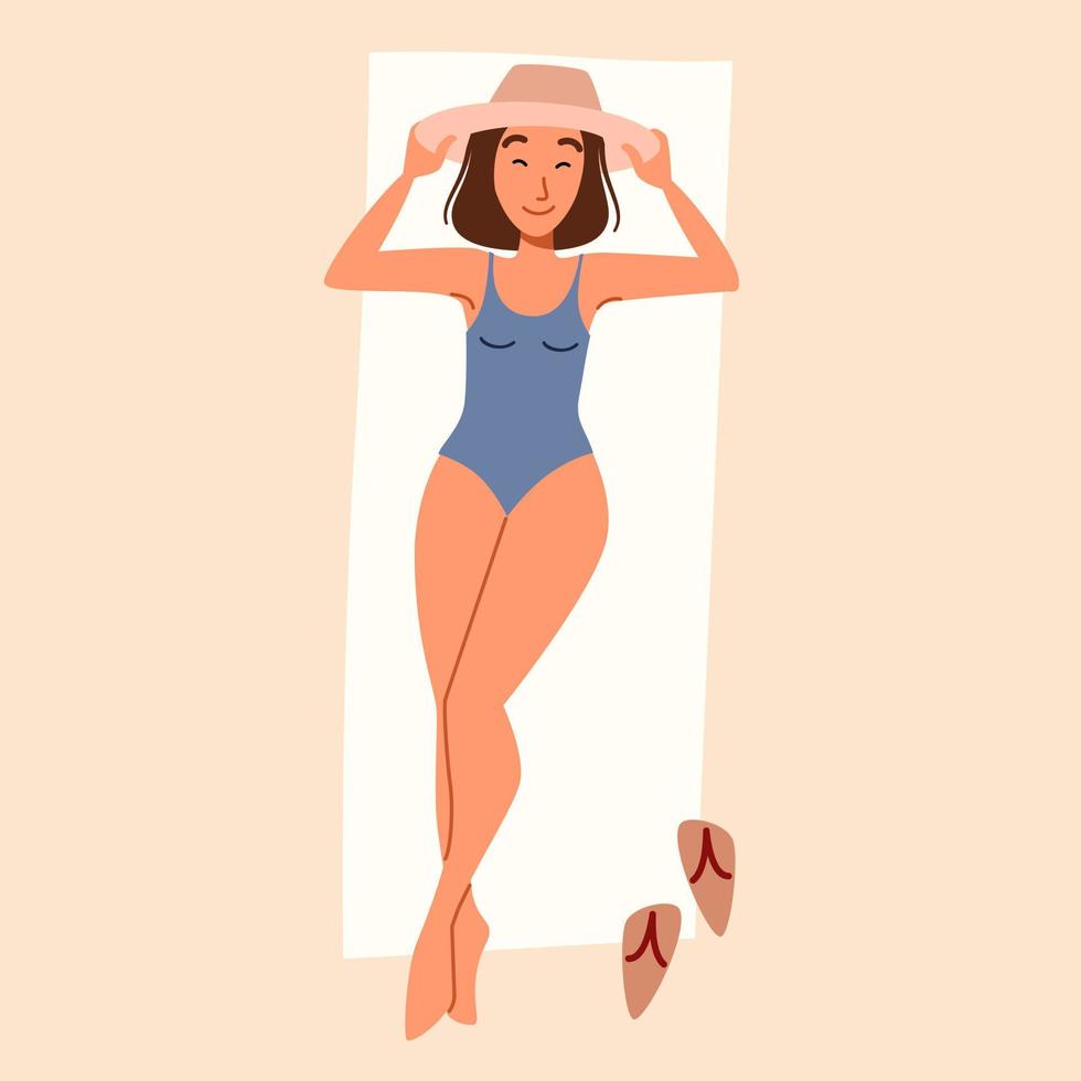 A woman is lying on her back and sunbathing on the sand. vector