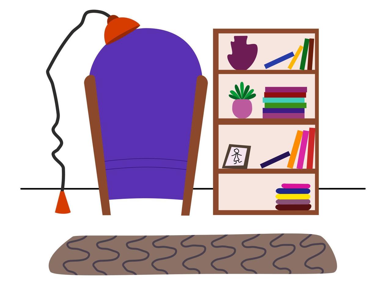 The interior of a cozy living room. Comfortable armchair, bookshelf, floor lamp and carpet. vector