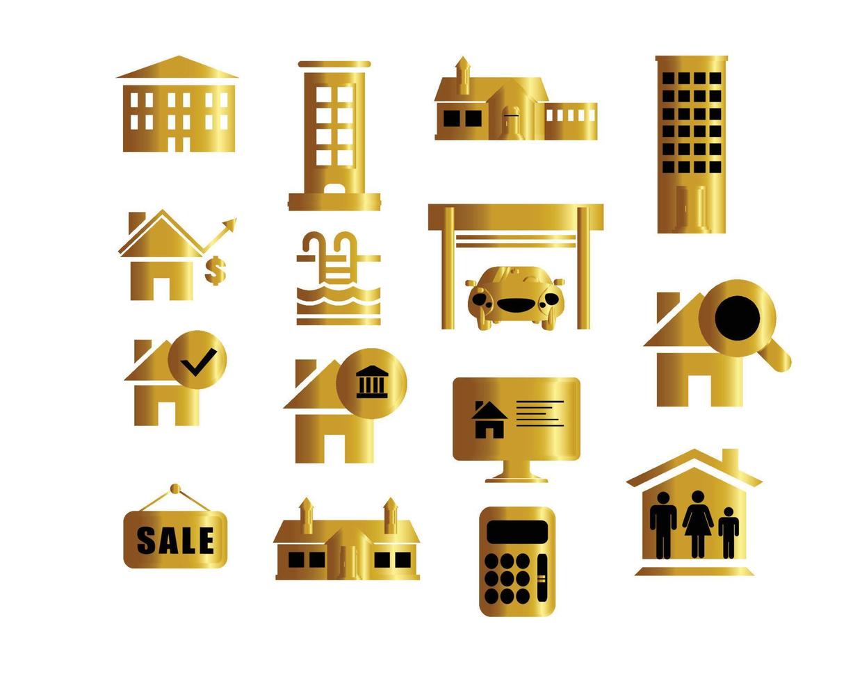 conjunto de iconos de bienes raíces residenciales de oro vector