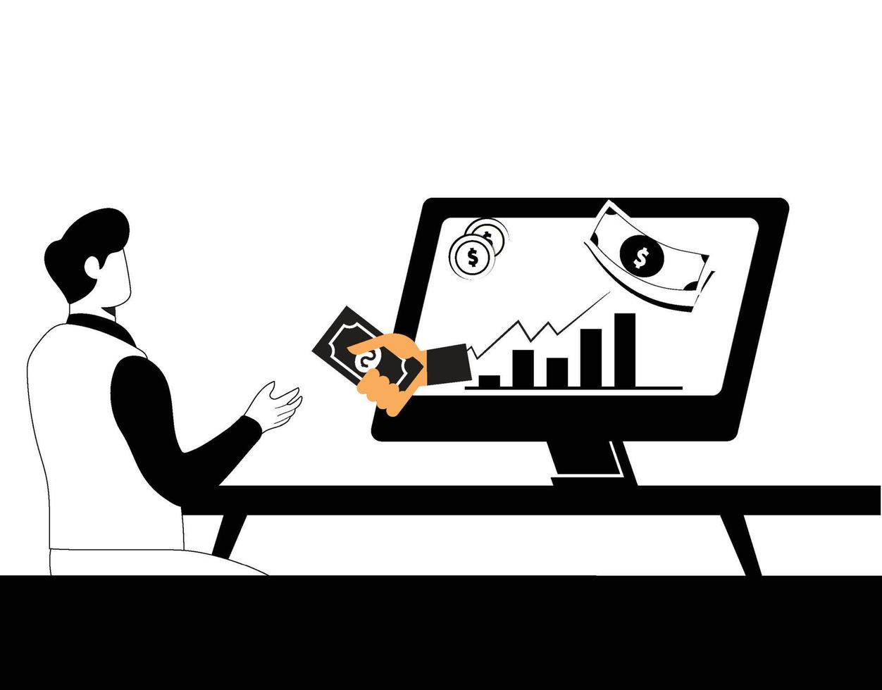Man sitting at the desk at work and receiving cash vector