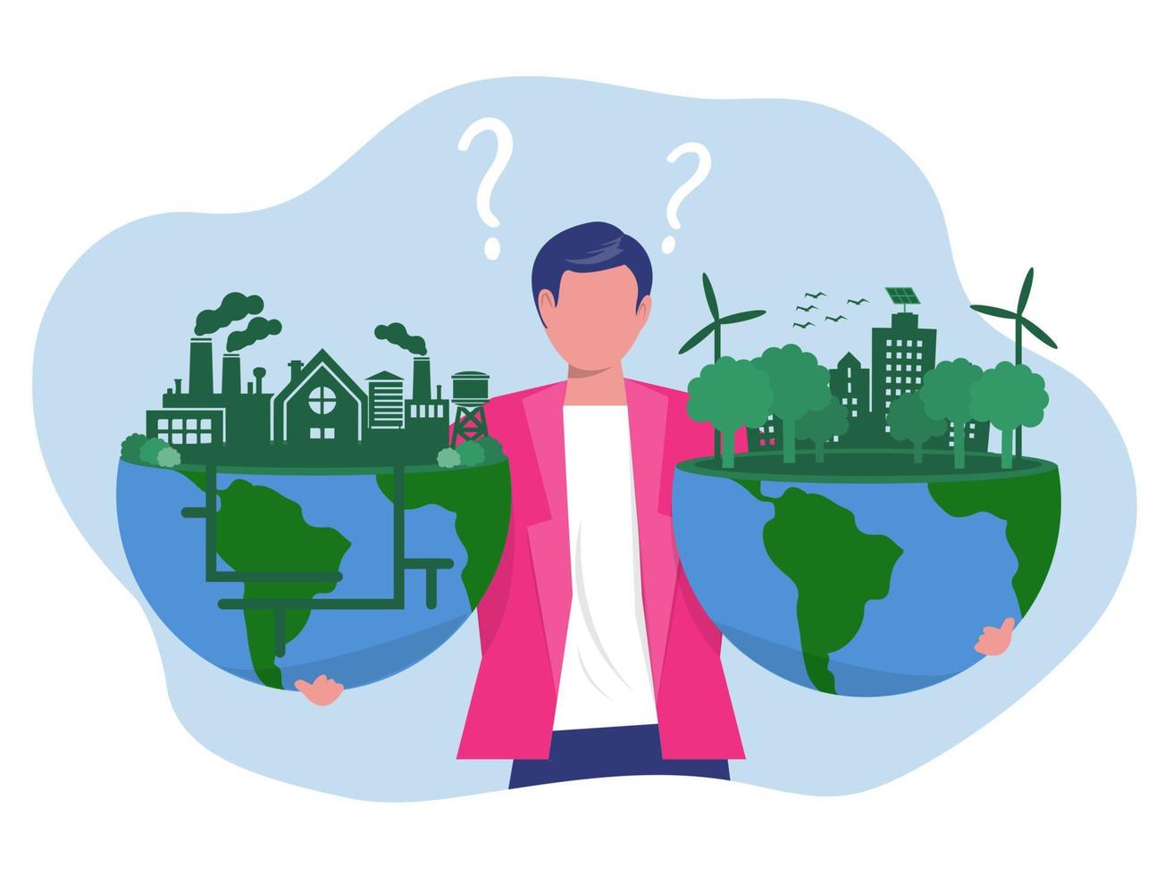 businessman holding earth globe go green save planet compare fuming industrial plants and factories.Natural resources, earth exploitation, industrial pollution themes design  vector illustration