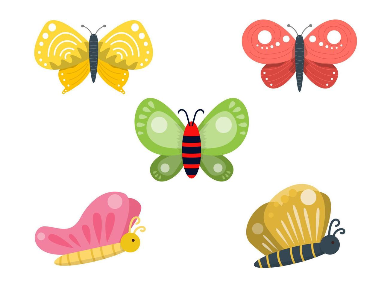 Set Collection of butterflies of different colors  in flat design .Colorful summer insects a top view. Vector illustration