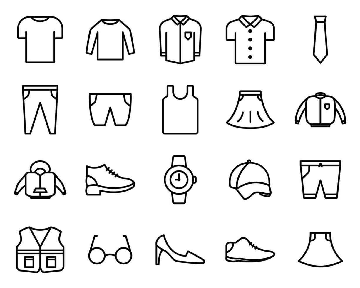 Vector icon set of clothes. Contains such Icons as shirt, trousers, jacket, shoe, hat,  skirt, tie,  watch, glasses, undershirt, vest. Line icon style. Simple design editable