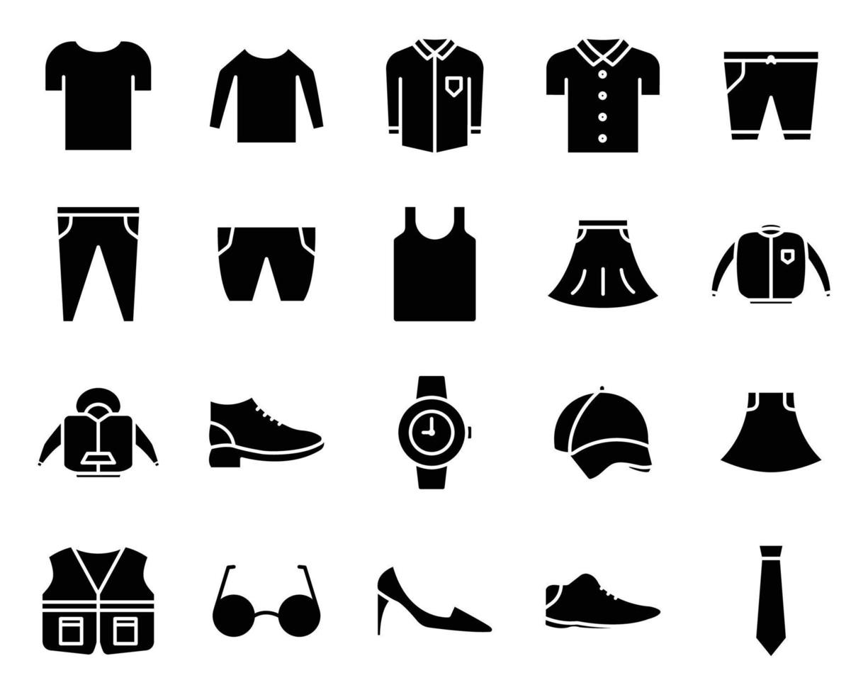 Vector icon set of clothes. Contains such Icons as shirt, trousers, jacket, shoe, hat,  skirt, tie,  watch, glasses, undershirt, vest. Solid icon style, glyph. Simple design editable